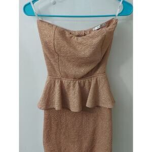 Papaya Women Strapless Brown/Gold Flecks Peplum Cocktail Dress M Coquette Girl